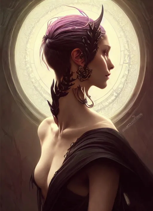 Image similar to Necromancer Sorceress, fantasy magic, undercut hairstyle, dark light night, intricate, elegant, sharp focus, illustration, highly detailed, digital painting, concept art, matte, art by WLOP and Artgerm and Greg Rutkowski and Alphonse Mucha, masterpiece