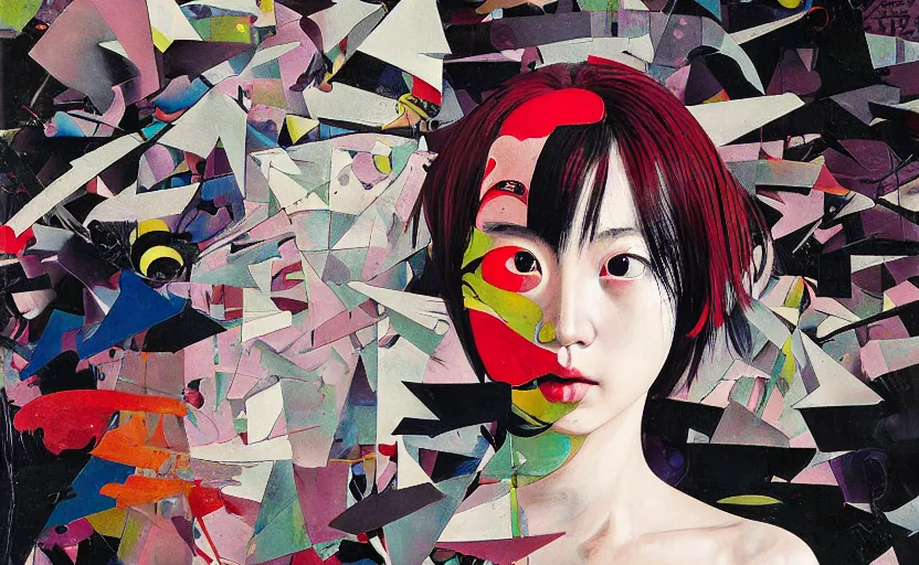 Image similar to decollage painting young japanese actress struggling in a ruined city by adrian ghenie and takato yamamoto and edward hopper and mark ryden and tsutomu nihei, part by bridget riley, acrylic pour and splashing paint, very coherent, baroque elements, perfect anatomy, intricate design. pop art.