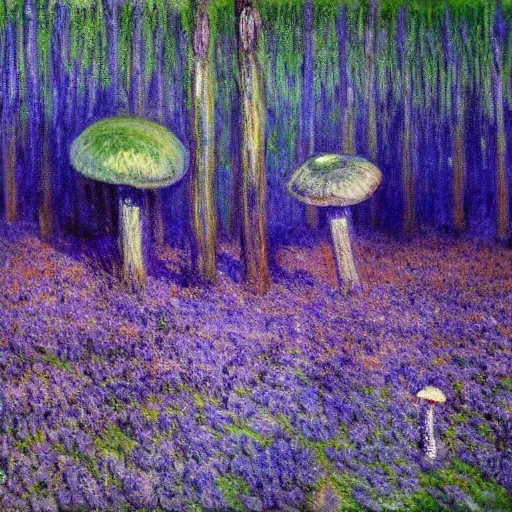 Prompt: mushroom forest, painted by monet, highly detailed, highly intricate, sense of scale, vast, mysterious, purple, smoke