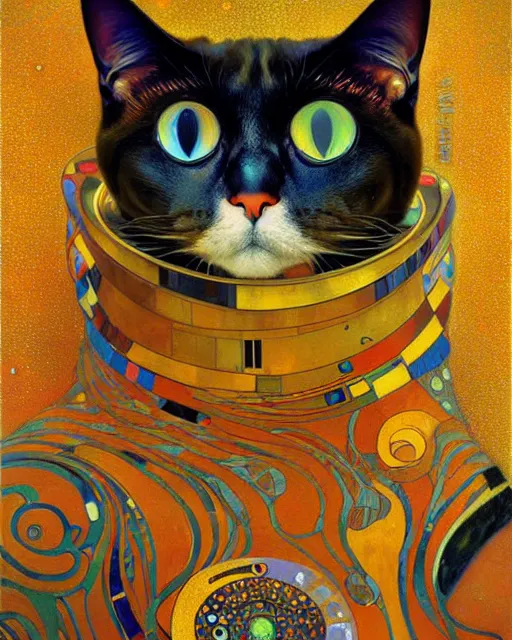 Image similar to futuristic cat portrait an oil painting splashes with many colors and shapes by gustav klimt greg rutkowski and alphonse mucha, polycount, generative art, psychedelic, fractalism, glitch art