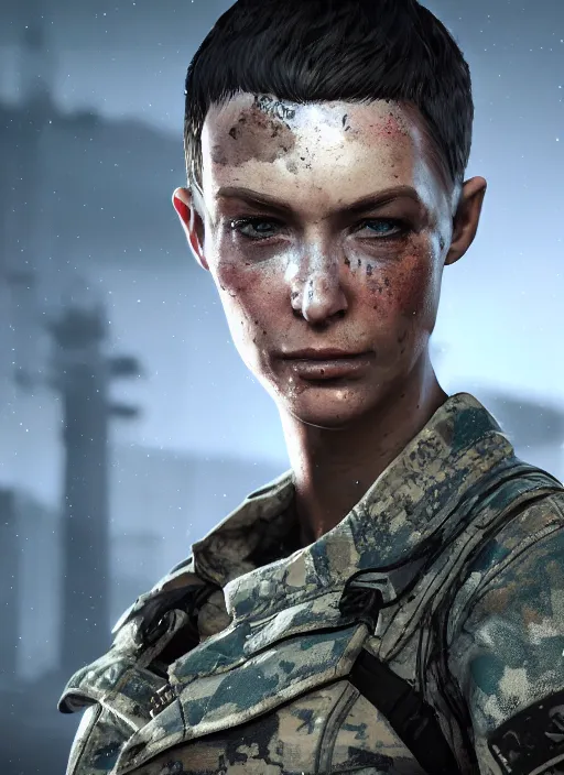 Prompt: A comic book style portrait painting of a female soldier with shaved head in a post apocalyptic setting, unreal 5, DAZ, hyperrealistic, octane render, RPG portrait, dynamic lighting