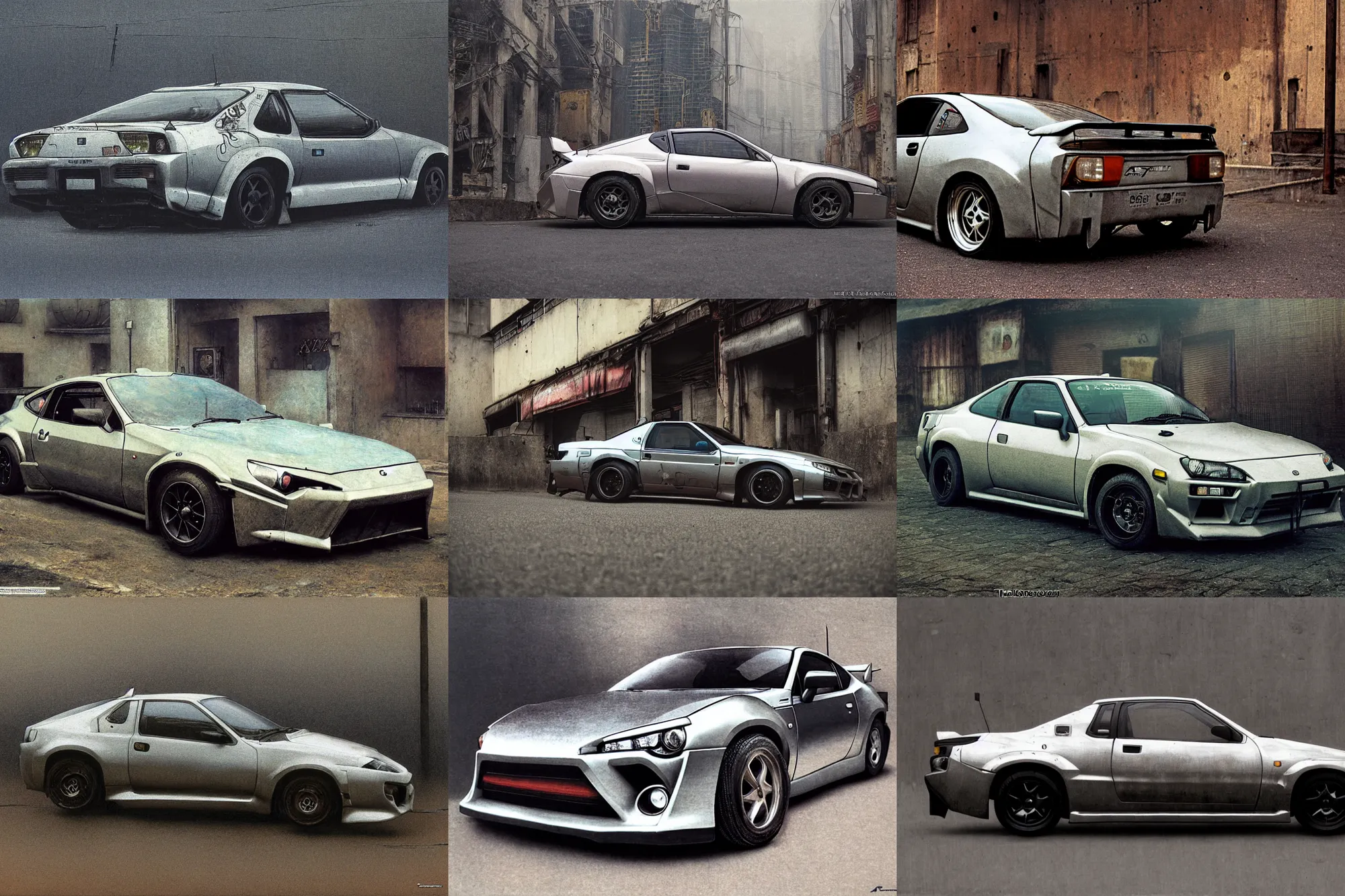 Prompt: a marketplace photo of a cyberpunk Toyota 86 Trueno, silver, by Beksinski