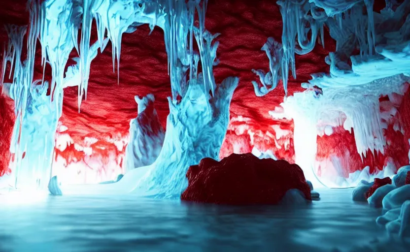 Image similar to liquid nitrogen and red water-cooling coolant flowing through latent representations of ice caverns by centrifugal forces, vegetation!, computer circuitry sticking out the walls!!!!!, high detail, high contrast!, low-poly elements!!!, trending on artstation, octane render, subsurface scattering, 4k