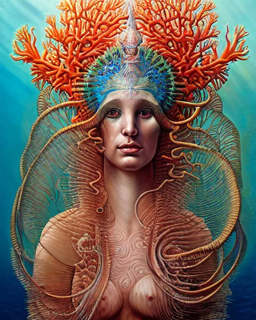 Image similar to realistic detailed underwater portrait of the goddess of the fish of the three times with an intricate headdress of corals, sea kelp, sea plants, fish, jellyfish, art by boris vallejo, ernst haeckel, zdzisław beksinski, gothic, neo - gothic, ornamental,