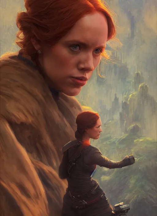 Image similar to mara jade skywalker and luke skywalker ultra detailed, deep focus, intricate painting by greg rutkowski, magali villeneuve and claude monet, trending on artstation