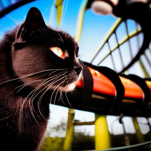 Image similar to black cat on a rollercoaster looping. focus on cats face. sunlight. polaroid photo. bright colors.