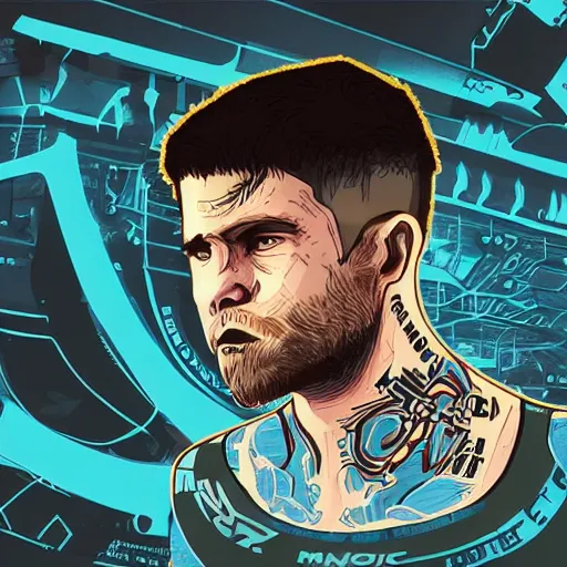 Prompt: illustration of connor mcgreggor the mma fighter, mix of styles, schematic, ghost in the shell color scheme, masterpiece