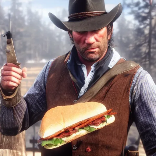 Image similar to arthur morgan from red dead redemption 2 eating a sandwich photo - realistic