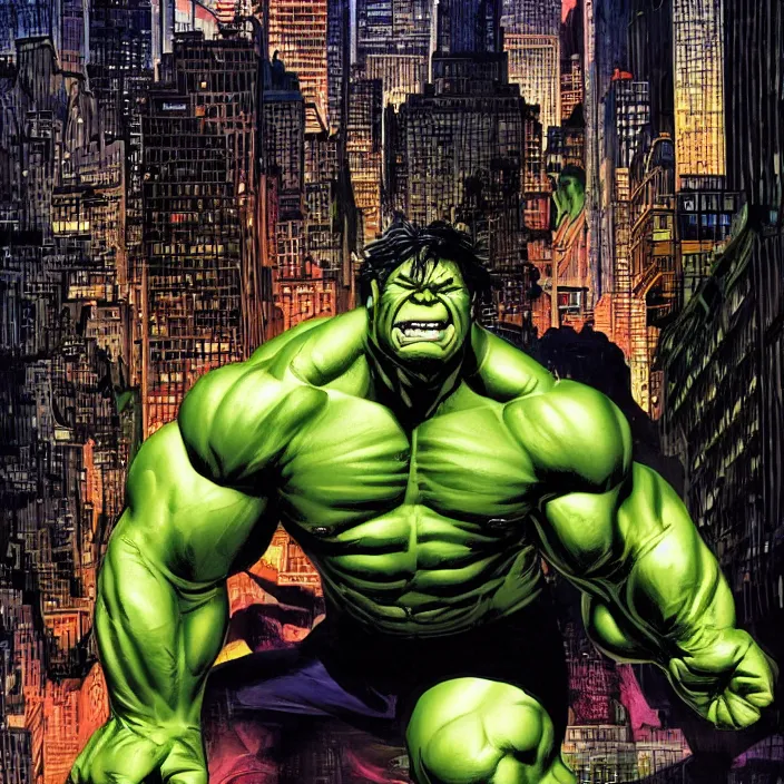 Image similar to a portrait of the incredible hulk looking angry in new york city by joe jusko, simone bianchi and alex ross dramatic lighting.