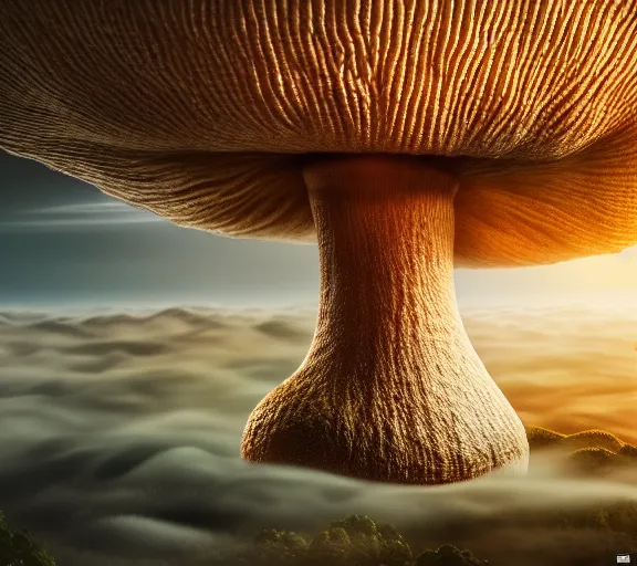 Image similar to a giant mushroom that has a city built from it and stretches above the clouds. highly detailed 8 k. intricate. lifelike. soft light. nikon d 8 5 0. cinematic post - processing