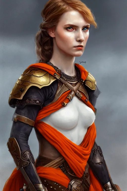 Prompt: full - body portrait of a ranger, female, white and orange breastplate, magical, high fantasy, d & d, by john collier, face details, extremely detailed, digital illustration