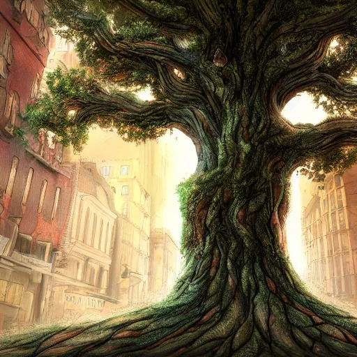 Image similar to a tree with a wide trunk planted in the middle of a city with high details, digital art, artstation, cinematografic