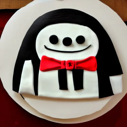 Image similar to anthropomorphic cake wearing a tuxedo, holding his hand out, facing viewer