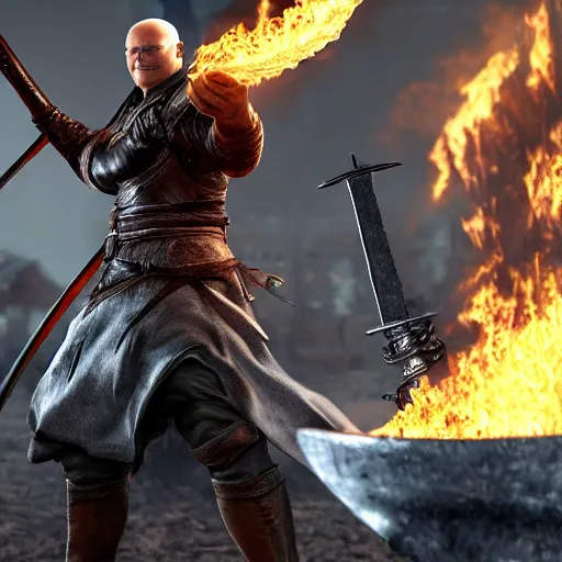 Image similar to mr clean holding a huge flaming sword, 4 k, realistic, dark souls