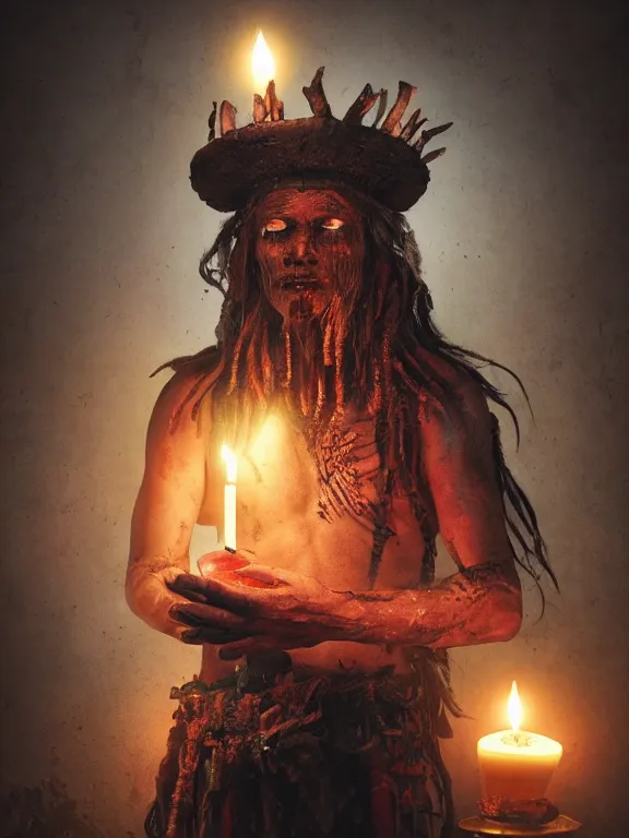 Image similar to fine painting of a death shaman from an ancient culture with mushrooms growing from his body, candlelight, 8 k, ultra realistic, lens flare, atmosphere, glow, detailed, intricate, full of colour, cinematic lighting, trending on artstation, 4 k, hyperrealistic, focused, extreme details, unreal engine 5, cinematic, masterpiece