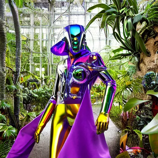 Image similar to conde nast traveler photo, inside a futuristic detailed alien jungle made out of shiny reflective chrome, futuristic android with limbs made out of stretchy rubber tubing mixed with shiny colorful giant intricate detailed chrome gauntlets and chest piece and luchador mask, wearing a long purple velvet cape, fog and mist