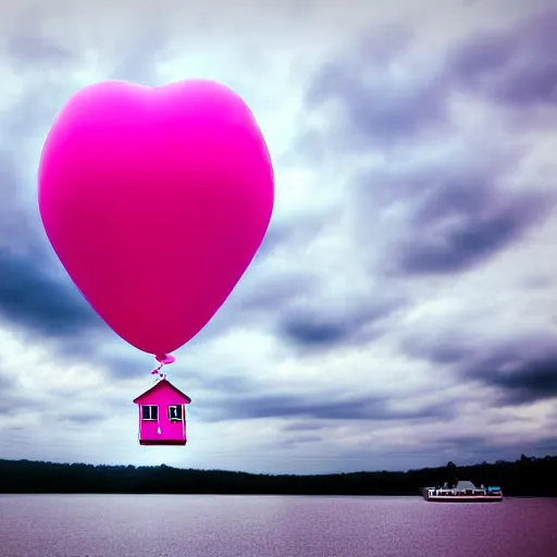 Image similar to dream a 5 0 mm lens photograph of a cute pink floating modern house, floating in the air between clouds, inspired by the movie up, held up from above by heart ballons. mist, playful composition canon, nikon, award winning, photo of the year