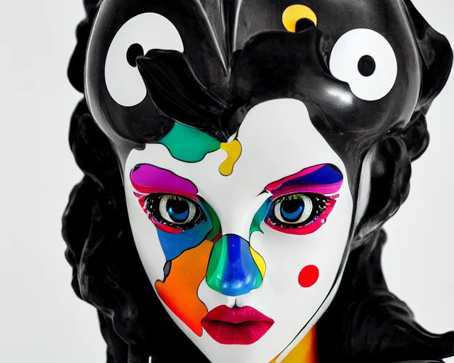 Image similar to extremely beautiful black marble statue in the style of takashi murakami, colorful motocross logos behind her, sharp focus, clear, detailed,, cinematic, detailed, off white, glamourous, symmetrical, vogue, editorial, fashion, magazine shoot, glossy