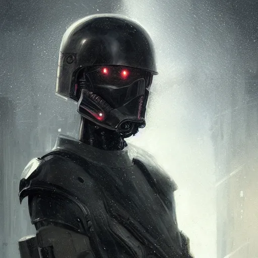 Prompt: A portrait of an android, battle worn, night, rain, techwear, Sith, Star Wars art, art by greg rutkowski, matte painting, trending on artstation