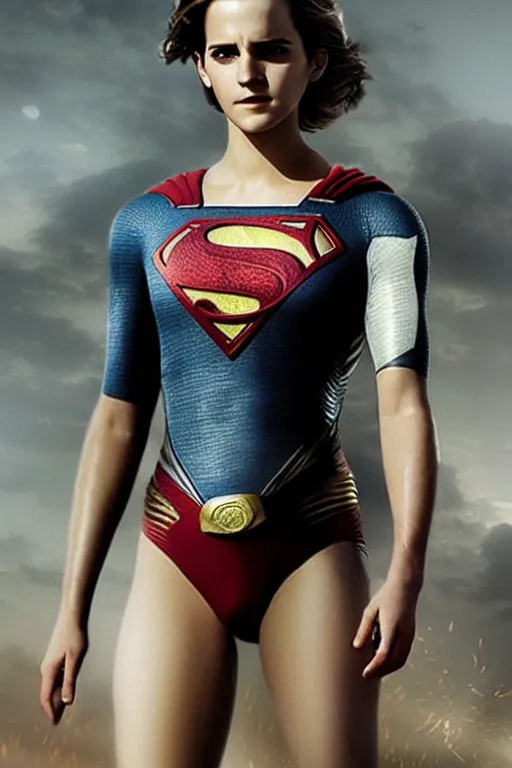 Image similar to a fancy close up of Man of Steel cast as Emma Watson by Greg Rutkowski, full body shot