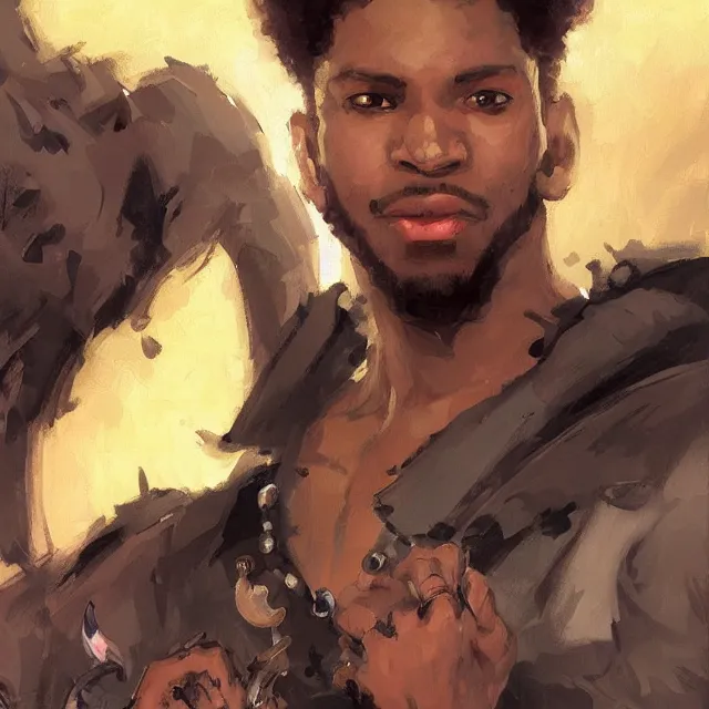 Prompt: a lightskinned black man with short hair, fantasy, using a macbook, elegant, intricate, digital painting, artstation, concept art, smooth, sharp focus, illustration, art by konstantin korovin and daniel f. gerhartz and john howe