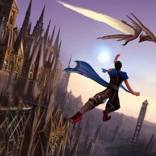 Image similar to A boy thief falling off a tall tower in a metal city wishing he could fly, epic fantasy style