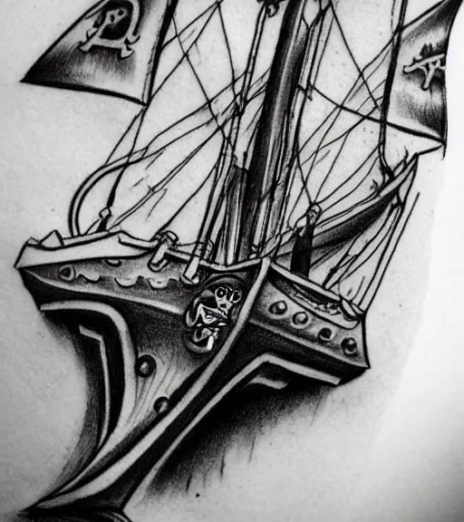 Image similar to A realism black and white tattoo design sketch of a pirate ship, highly detailed tattoo, shaded tattoo, hyper realistic tattoo