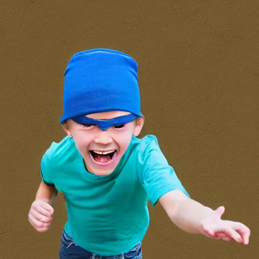 Image similar to a kid grinning wearing a blue sock hat over his eyes, green shirt and brown jumping high in the air painting, high details