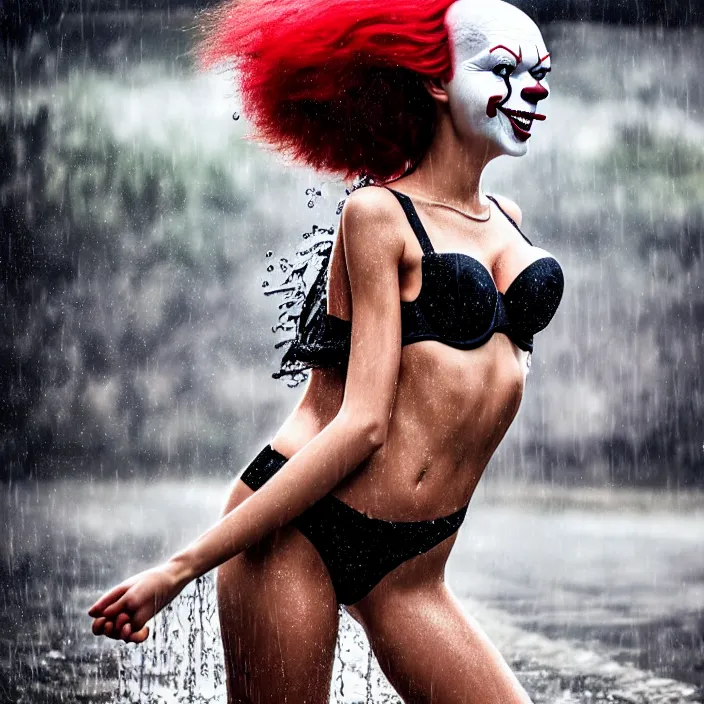 Prompt: fully body pose, photo of a very beautiful!! victoria secret model, pennywise, wet hair, raining, 8 k, hdr, smooth, sharp focus, high resolution, award - winning photo, trending on artstation, dslr, 5 0 mm