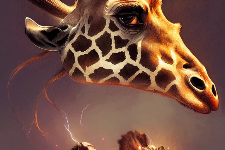 Prompt: lightning strikes a giraffe's head, deep focus, intricate, elegant, highly detailed, digital painting, artstation, concept art, matte, sharp focus, illustration, art by artgerm and greg rutkowski and alphonse mucha