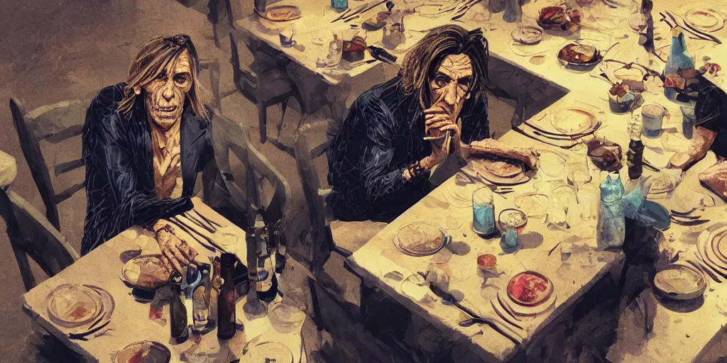 Image similar to cartoonish iggy pop having dinner with tom waits, vivid colors, character sheet, fine details, concept design, contrast, kim jung gi, greg rutkowski, trending on artstation, 8 k, full body, turnaround, front view, back view, ultra wide angle