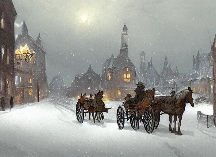 Image similar to a night scene of a snowy town with a horse drawn carriage, a detailed matte painting by anton pieck, deviantart contest winner, fantasy art, concept art, official art, matte drawing