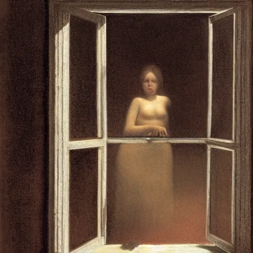 Image similar to Liminal interior seen through an exterior bloody window with a girl clawing at the window, in the style of Edward Hooper and Vilhelm Hammershøi and Albert Bierstadt