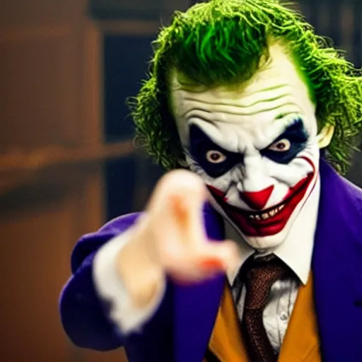 Image similar to A still of Mr Bean as the Joker pointing a gun at the camera in Joker (2019)