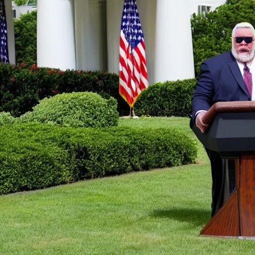 Image similar to realistic photo of big poppa pump scott steiner with no shirt and a chainmail coif standing behind the podium during a press conference at the white house rose garden