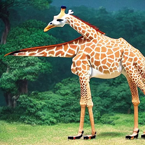 Image similar to giraffe with big blue feathered dragon wings on its back, full body shot, by studio ghibli