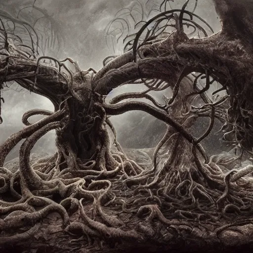 Image similar to shub niggurath. eldritch, film, 8 k, 3 d, concept art, dslr, filmic, hdr, hyperrealism, realistic, horror.