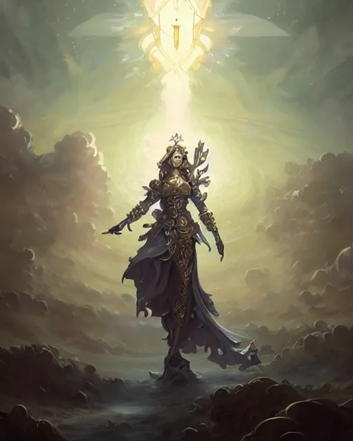 Image similar to paladin in white gold intricate plate armor pixelating into the wind, fantasy art by peter mohrbacher, james jean, dan mumford, radiant halo of light