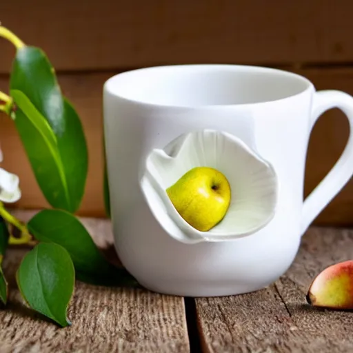 Image similar to ceramic mug surrounded by white flowers, green leaves, and pears, soft zen minimalist, white background, bright, crisp