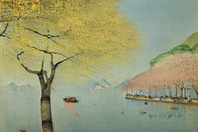 Image similar to an ultradetailed landscape painting of westlake in china hangzhou, light yellow may flowers blossoms nearby, autumn wind, chinese water color, smooth, sharp focus, illustration, by hilma af klint, 8 k