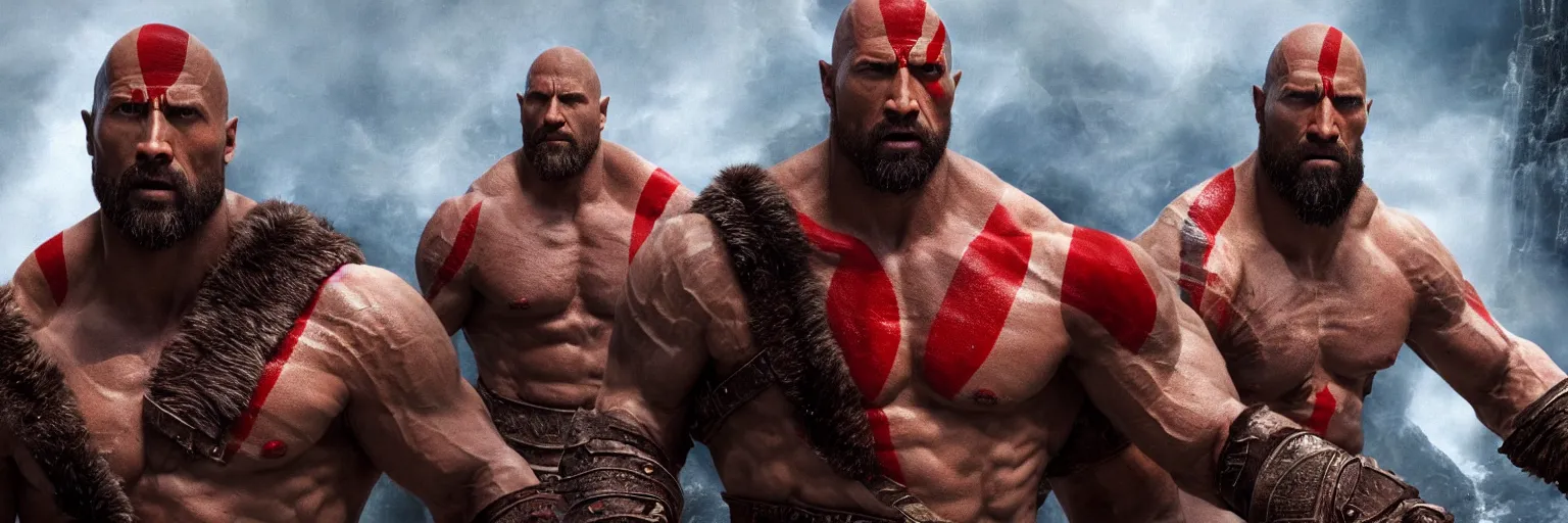 Image similar to Dwayne Johnson as God of war,red and blue smokes around him, professional photography, cinematic view