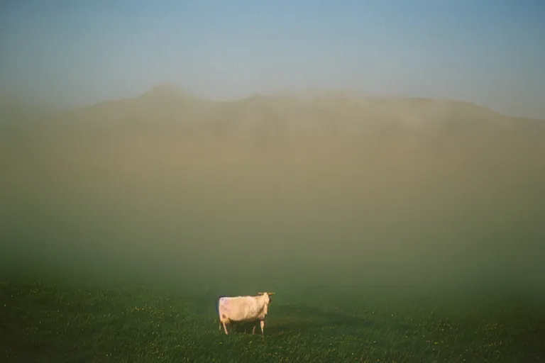 Image similar to film color photography, cow in the blue fog at the lawn, mountains in distance, 35mm