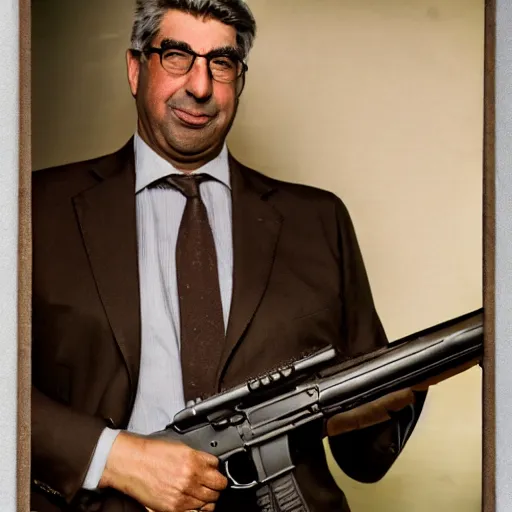 Prompt: hyper realistic and detailed vintage portrait photo of Patrick Balkany standing with an AK47, by Annie Leibovitz, Leica SL2 50mm HD