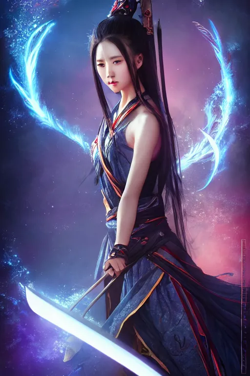 Image similar to beautiful cinematic fantasy poster, wuxia sword dance heroine, beautiful glowing galaxy eyes, hybrid from Dynasty Warriror and art direction by tian zi, WLOP, Darius Zawadzki cinematic quality character render; low angle; ultra high quality model; production quality cinema model;