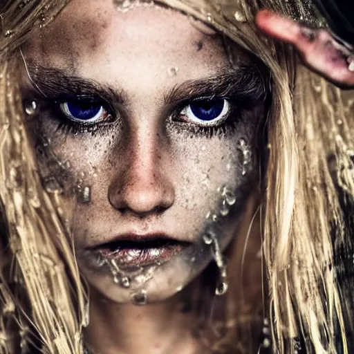 Image similar to A gorgeous blonde, grungy, unkept hair, glowing eyes, modelsociety, wet from rain, radiant skin, huge anime eyes, bright on black, dramatic, studio lighting, perfect face, intricate, Sony a7R IV, symmetric balance, polarizing filter, Photolab, Lightroom, 4K, Dolby Vision, Photography Award