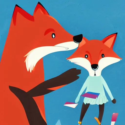 Image similar to full scene, children book illustration, fox, white background