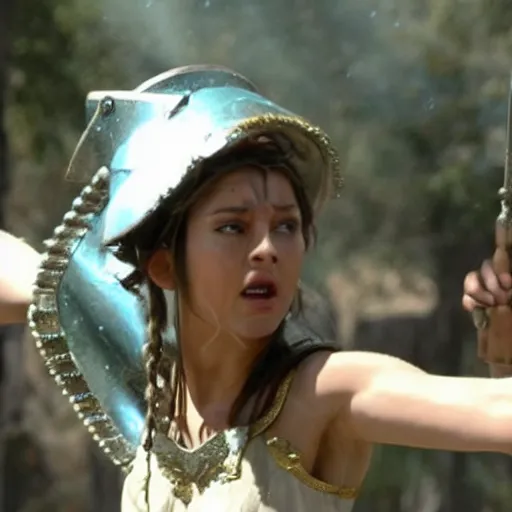 Image similar to the greek goddess athena in battle, scene from live action movie