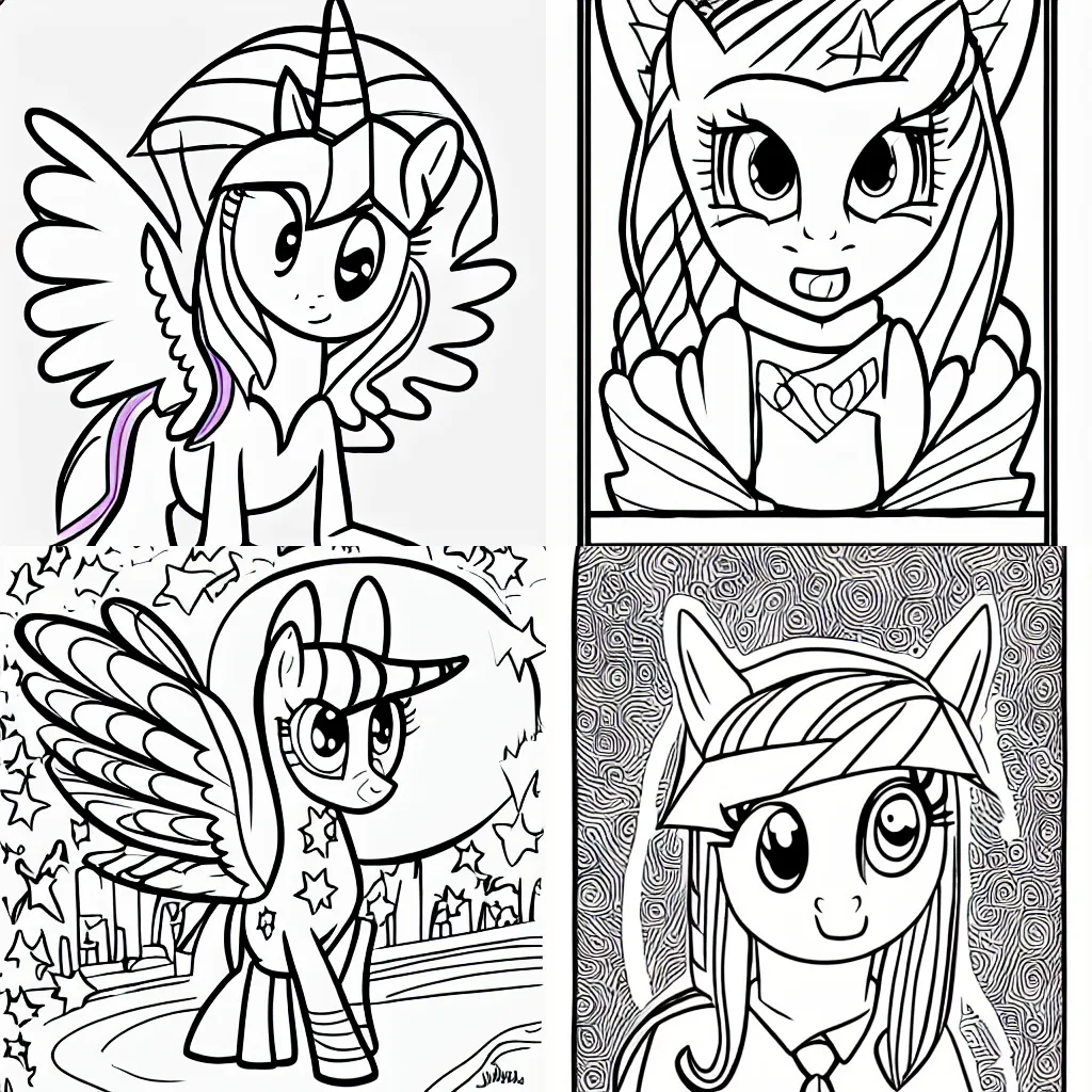 Prompt: Twilight Sparkle, page from children's coloring book