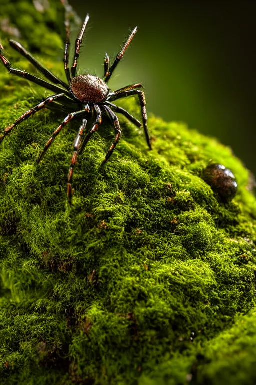 Image similar to a spider made of moss, dewdrops, macro, dramatic lighting, cinematic, establishing shot, extremely high detail, foto realistic, cinematic lighting, post processed, concept art, high details, cinematic, 8k resolution, beautiful detailed, photorealistic, digital painting, artstation, concept art, smooth, sharp focus, artstation trending, octane render, unreal engine