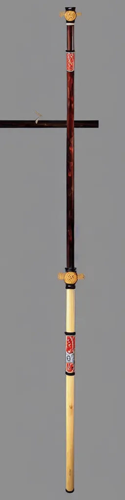 Image similar to picture of a single wooden long straight thin ninja fighting staff with oriental ornaments, weapon, highlight, vertical, centred, highly symmetric, sci - fi, fantasy, japan, dnd, close shot, bright uniform background, award winning, 8 k